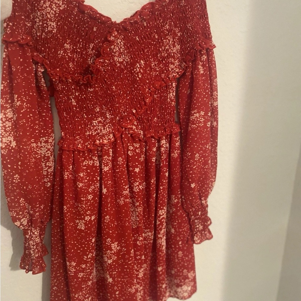 Red and White Floral Womenโs ruffled Dress